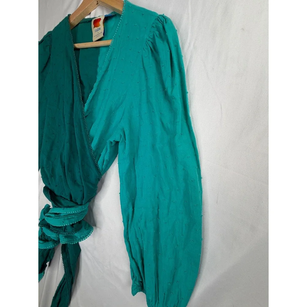 Farm Rio Anthropologie Wrap Top L Teal Green Swiss Dot Colorblock Puff Sleeve